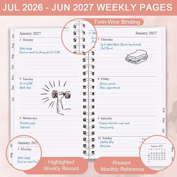 2026-2027 Pocket Planner/Calendar - July 2026 - June 2027, A6 Weekly & Monthly Organizer to Track Goals, Easy to Organize Your Daily Life, 3.75" x 6.75", Pink