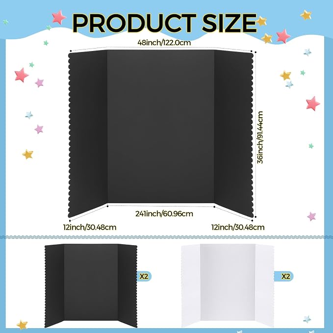 Mooliwe 4 Pack 48" X 36" Black White Trifold Poster Board, Large Tri Fold Boards Foldable Corrugated Presentation Display Scalloped Border for Science Fair, School Projects, Graduation Photo Display