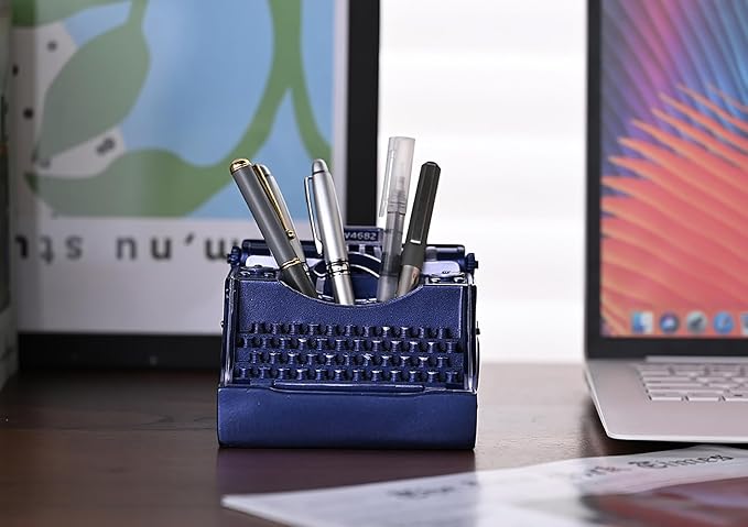 Retro Typewriter Pen Holder Vintage Desk Accssories Unique Cool Gifts for Writer Typewriter Lovers and Secretary Cute Funny Pencil Cups for Office Home School (Blue)