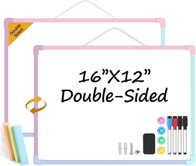 Colorful Frame Small Dry Erase Board for Wall, 16" x 12" Double-Sided Hanging Whiteboard with 4 Markers, 4 Magnets and 3 Mini Sticky Notes, Portable Whiteboard for Home, Office, School