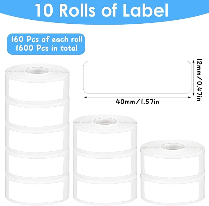 10 Rolls D30 Labels, 1600pcs 12x40mm Label Tape White Thermal Labels Printer Sticker Paper, Self-Adhesive Waterproof Laminated Stickers for Office Household Supplies