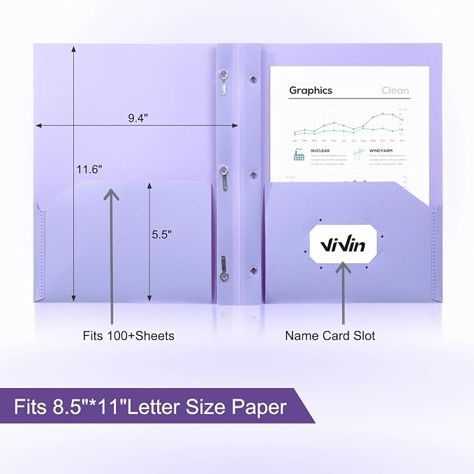 ViVin Sturdy Plastic Folder with Pockets,6 Pack,Heavy Duty Two Pocket 3 Prong Folders,Holds Letter Size Paper,File Folders with Business Card Slot for School Home and Office(Light Purple)