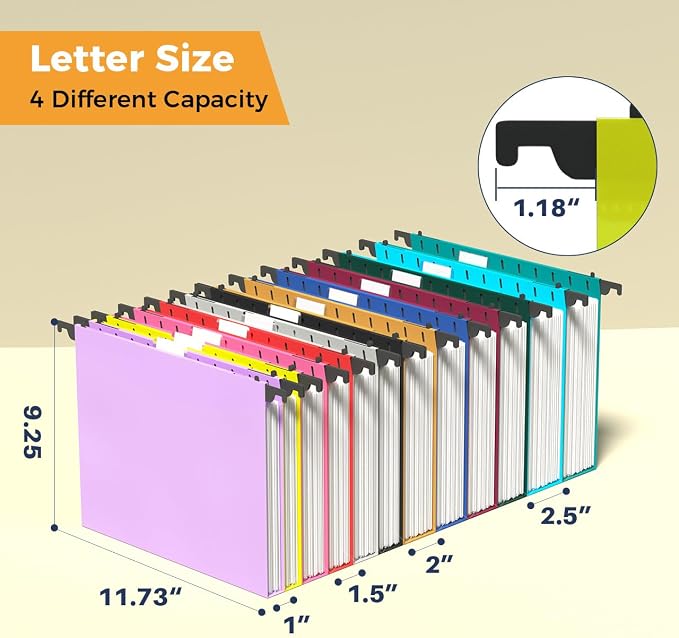 Ansook Plastic Hanging File Folders, 12 Pack Assorted Colors, Letter Size Hanging Folders with Mixed Expansion Sizes: 2×1", 4×1.5", 4×2", 2×2.5", Heavy Duty Document Organizer for Filing Cabinet