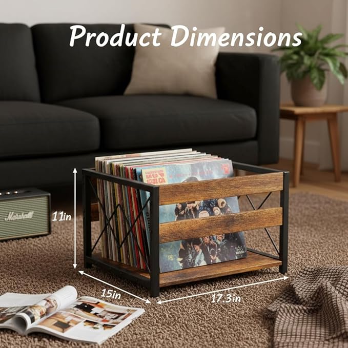 Y&M 2 Packs Vinyl Record Storage Crate, Wooden Storage Box, Classic Cube CD Albums Shelf Holder Organizer, Holds Up to 100+ Records, Magazine Rack for Desktop, Home, Office, Brown