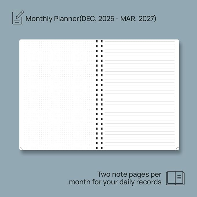 POPRUN 2026-2027 Monthly Planner A4 Size, 16 Months Calendar (Dec 2025-Mar 2027), 2 Pages per Month with Dotted & Lined Note, Monthly Tabs, Spiral Softcover, 2 Inner Pockets - Blue Green