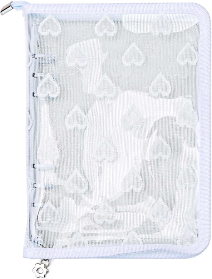 Mogoostry A5 Zippered Binder Cover Clear PVC Zipper Binder Folder Lace Decor 6-Ring Loose-Leaf Notebook Planner Organizer (White)