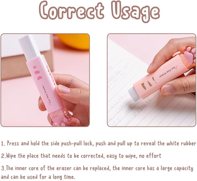 4 Pcs Cat Paw Retractable Erasers, Cute Cat Rubber for Kids, Push-Pull Rubber Eraser for Students Writing Office School Supplies