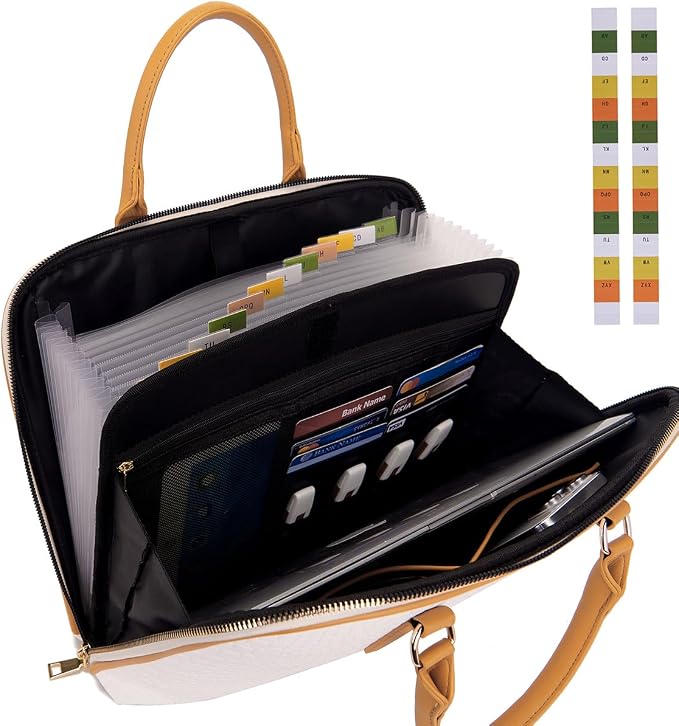 Accordian File Organizer Tote,Folder with Zipper & Labels,12 Pocket Expanding File Folder with Multi-Pockets Paper Folder for Letter A4 Files Business Teacher Office Bag Handbags for Ladies