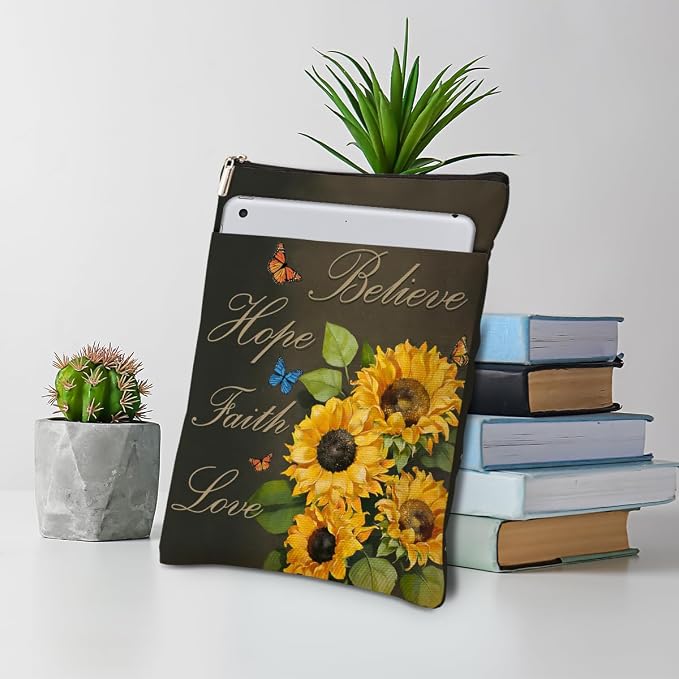 Sunflower Inspirational Book Sleeve, Book Lovers Gifts Sleeve with Zipper & Front Pocket, 11.4x8.8 Inch Canvas Books Cover Protector Bookish Inspirational Gifts for Readers Librarian Women Teacher