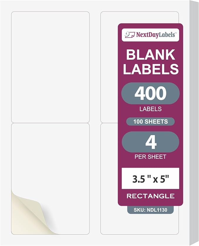 NextDayLabels 3.5x5 Inch Rectangle Stickers White Blank Labels for Laser Inkjet Printer - 4 Per Sheet Self-Adhesive Shipping Address Mailing Made in USA - 400 Labels
