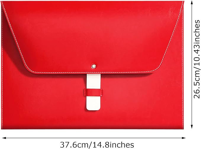 PU Leather A4 File Folder Large Document Holder Waterproof Envelope Folder Case with Handmade Closure (Red)