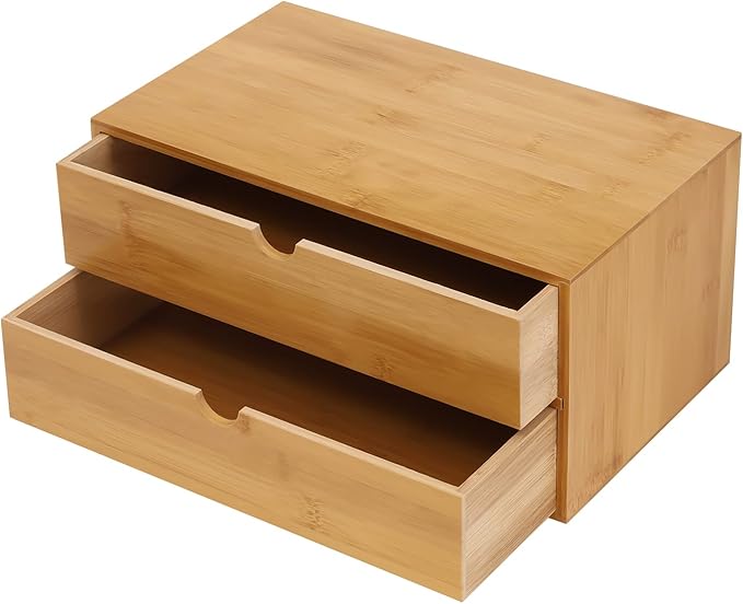 Bamboo Desk Organizer, Drawer Tabletop Storage Organization Box for Office Home Toiletries Supplies, No Assembly Required (2 Drawer)