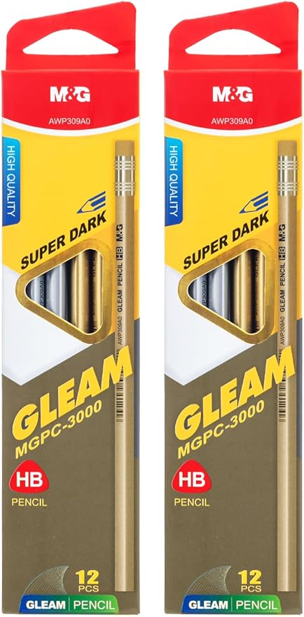 M&G Gleam Series 24 Pack HB Triangular Wood-Cased Pencils, Unsharpened with Matching Erasers, Smooth Writing Break-Resistant Core, Gold and Silver Solid Barrels for School Office Classroom Supplies