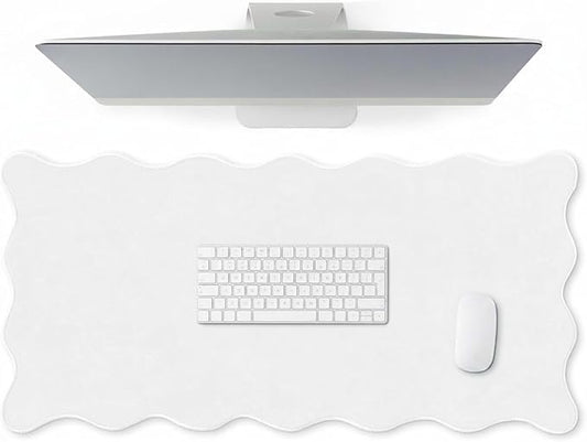 Hahafelt Scalloped Desk Mat Large Desk Pad Cute Coquette Table Mat Back to School Preppy Table Make up Pad Nonslip Graduation Gift with Stitching Waterproof Gaming(White,23.6 x 13.8 Inches)