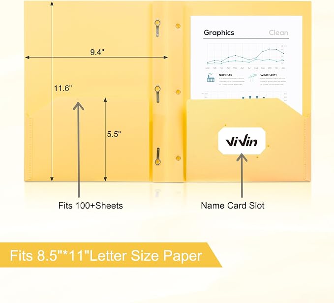 ViVin Sturdy Plastic Folder with Pockets,12 Pack,Heavy Duty Two Pocket 3 Prong Folders,Holds Letter Size Paper,File Folders with Business Card Slot for School Home and Office(Light Yellow)