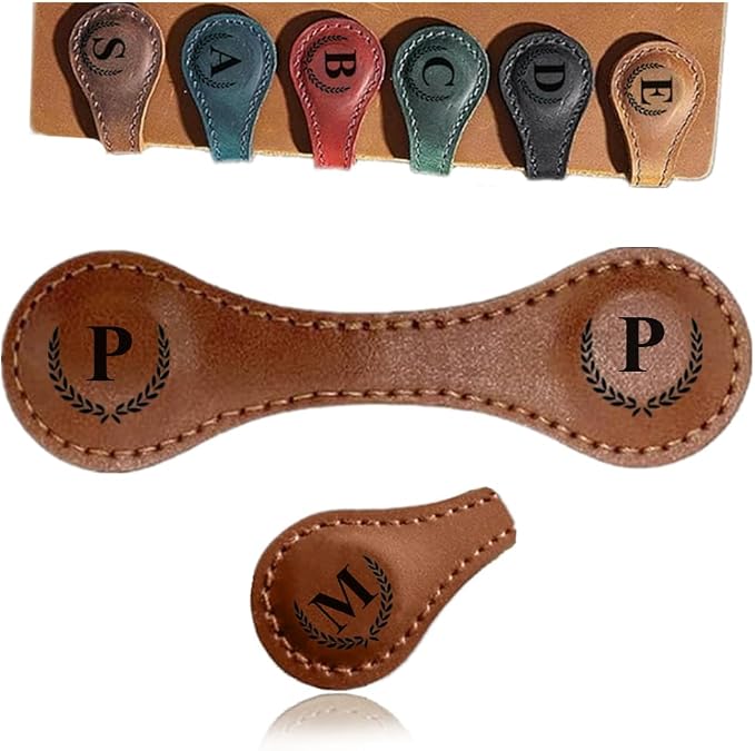 Personalized Magnetic Leather Initial Bookmark, 26 Letters Customized, Multi-Functional for Women, Teachers, Book Lovers (P, Light Brown)