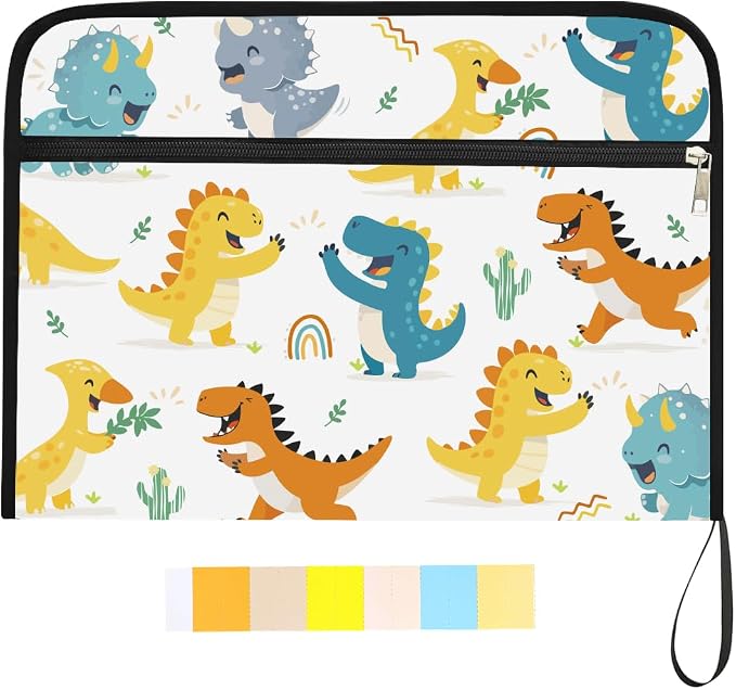 WEBEEDY Abstract Dinosaurs 13 Pockets Expanding File Folder with Labels and Zipper, Cute Dinosaurs Plants Prints Accordion Folder Portable File Organizer for A4 Paper Document Receipt Paperwork Office