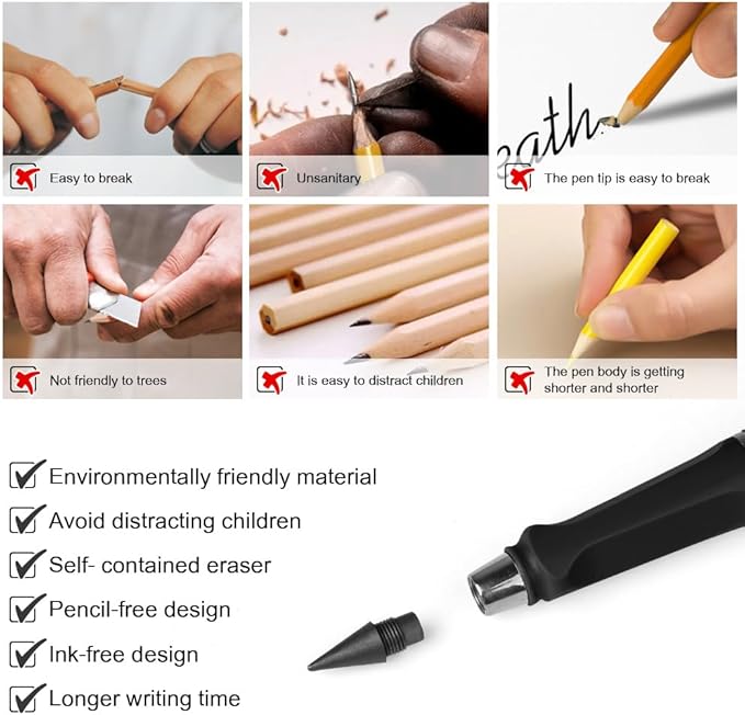 Ainiv Inkless Pencil Forever Pencil, 6 Sets Infinity Pencil Everlasting Pencil with Eraser, Reusable Infinite Pencil with Extra 6 Replaceable Nibs, Endless Pencil for Home Office School Supplies