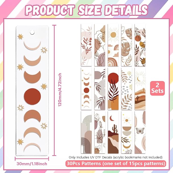 Peacoblue 30pcs UV DTF Bookmarks Transfer Stickers Wraps Bohemian Minimalism for Women Men Reading, Waterproof Bookmarkers Decal(No Blank Bookmarks) for Acrylic Plastic Metal Blank Bookmark