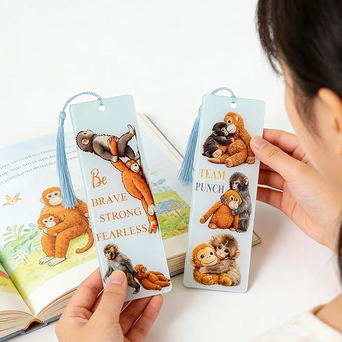2Pcs Adorable Punch Monkey Bookmarks, Inspirational Acrylic Animal Book Marks with Tassels, Novelty Gifts for Readers (2PCS-Punch Monkey)