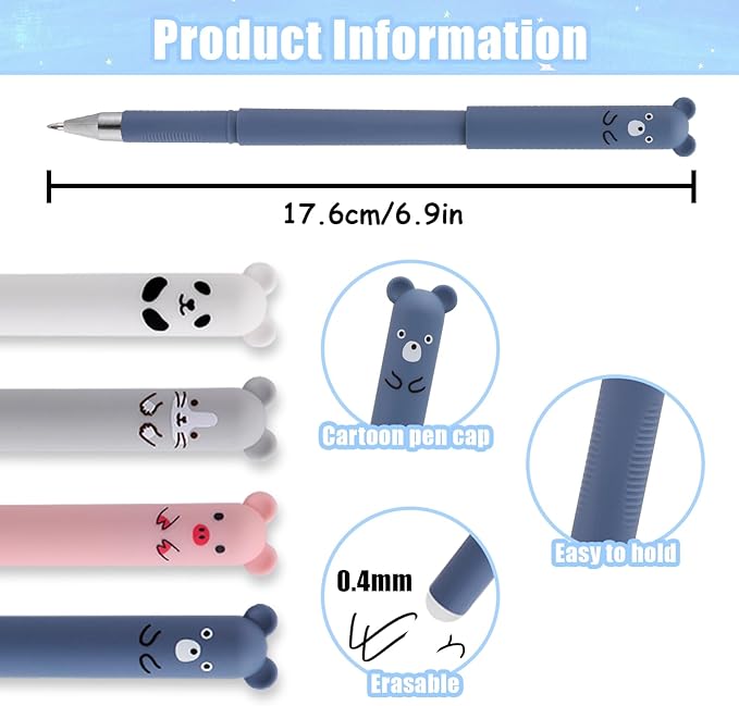 RIANCY 0.5mm Erasable Gel Pens,12 Pack Cute Cartoon Animal Rollerball Gel Ink Pens Refillable Pens for Adult Writing Calligraphy Note Taking (Refill Black)