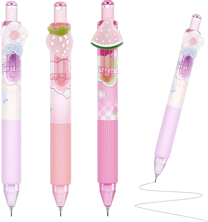 6Pcs Cute Pink Coquette Strawberry Mechanical Pencils with Eraser 0.7mm Kawaii Strawberry Mechanical Pencil School Pencil Cat Gifts for Women Man