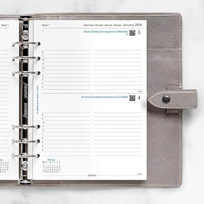 Filofax Calendar Diary Refill, A5 Size, Day on One Page with Appointments, White Paper, Multilingual: Five Languages, 2026 (C68515-26)