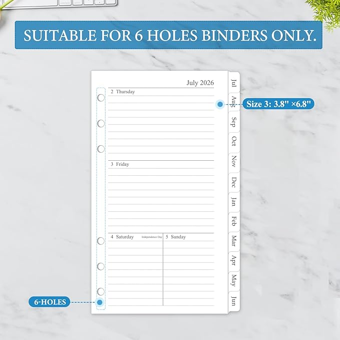 2026-2027 Weekly & Monthly Planner Refill, A6 Small Size Planner Inserts with Monthly Tabs, Size 3, 3.8"x6.8", July 2026 - June 2027, 6-Hole Punched