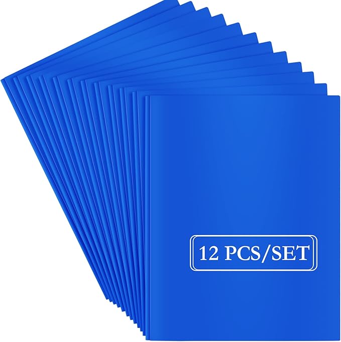 ViVin 12 Pack Plastic Folders with Pockets and Prongs, Heavy Duty 2 Pocket Folders with 3-Prong Fasteners, Poly File Holds 8-1/2" x 11" Paper for School Office Home (Blue)