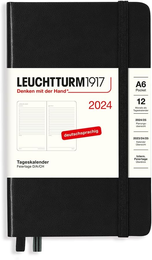 LEUCHTTURM1917 367592 Daily Calendar Pocket (A6) 2024, Black, German, 12 Months