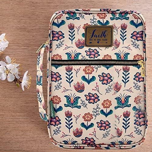 Performore Bible Cover Case for Women and Girls, Large Floral Bible Bag with Handle and Pockets, Water-Resistant Zippered Carrying Case, Fits Study Books 10.2 x 7.5 x 2.7 In, Christian Gift