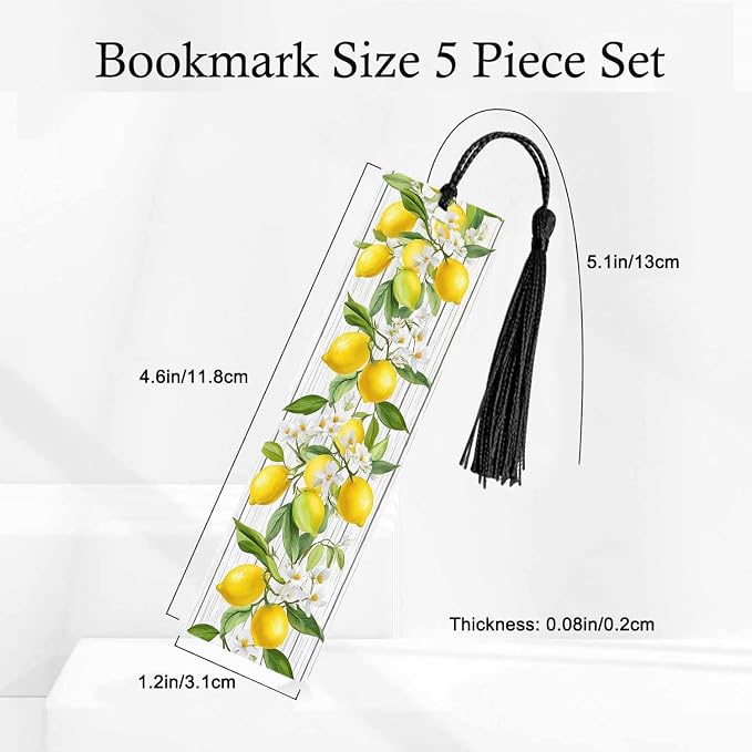 Lemon Bookmarks 5 Pcs Yellow Fruits Green Leaves Summer Wooden Bookmark with Tassels for Reading Book Lovers Gift Office School Readers Teacher
