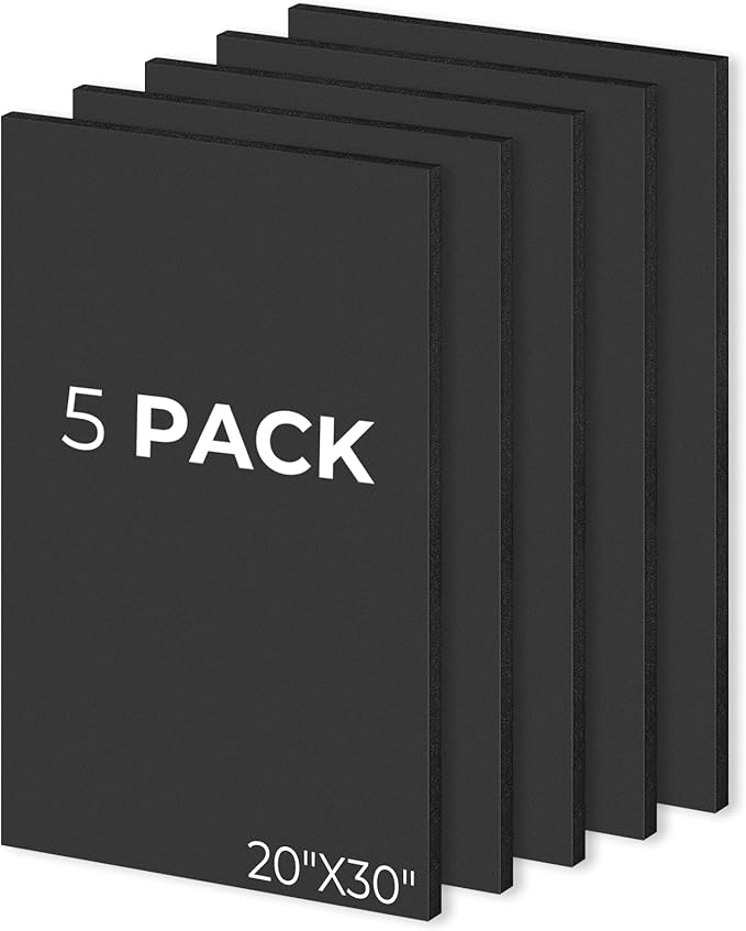Mat Board Center Pack of 5, 20X30 Foam Boards Acid Free Black Foam Core Boards for Mounting, Crafts, Display, Presentation and Projects, 3/16" Thick