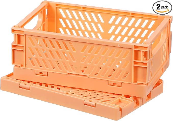 uxcell 2Pcs Small Plastic Storage Baskets, 6 x 3.9 x 2.4 Stackable Foldable Storage Bins with Handles Collapsible Crates for Home Office Shelves Closet Books Organizing, Light Orange