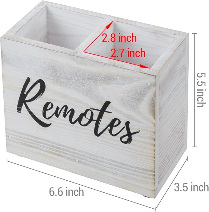 MyGift TV Remote Control Holder Organizer, Wood DVD Remote Caddy Storage for Table, 2 Large Compartment, Shabby Whitewashed Solid Wood with Black Cursive Remotes Label
