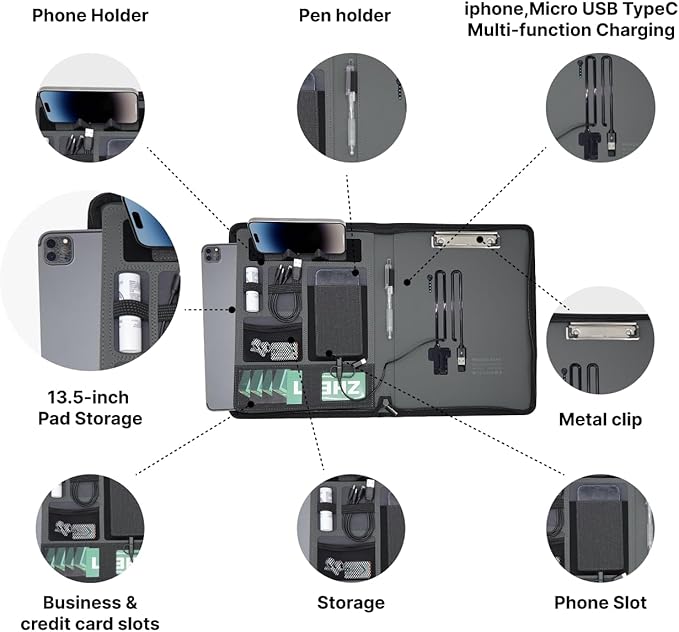 Zipper Padfolio, Portfolio Binder Organizer with 8000mAh Power Bank, Portfolio for Resume, Documents, Phone, Tablet, Business Supplies, Notebook Organizer with Wireless Charging