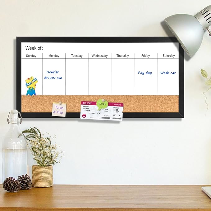Magnetic Weekly Dry Erase White Board and Cork Board, Black Wood Frame，Magnetic Surface Whiteboard for Home Office and Wall Decor(ZHZL-3060BK)