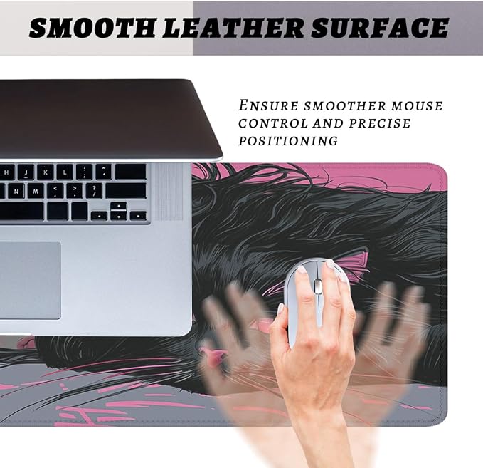 Anime Girl Desk Mat Gaming Mouse Pad Dark Hair Girl Black Cat XL Mousepad Large Mousepad Extended Laptop Keyboard Mat Gaming Desk Pad Mouse Mat Office Computer Keyboard 31.5"x11.8"