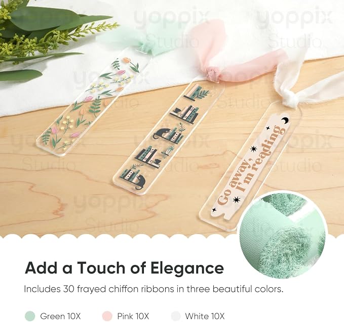 YOPPIX 30 Pieces Acrylic Bookmark Blanks- 3mm Thicken Clear Acrylic Bookmarks with 30 Pcs Ribbon for Reading Lovers DIY Crafts Presents, Graduation Back to School Presents