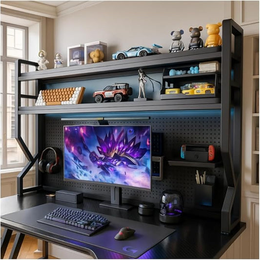 Desktop Hutch Bookshelf,Many Gifts,Metal Desktop Bookcase with pegboard, Desk Shelf Black, Countertop Storage Organizer Rack for Dorm or Office,Desktop Shelves(Black, 53.1" Lx9.9 Wx39 H)