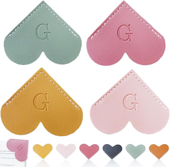 Personalized Leather Heart Bookmark, 26 Letters Customized Corner Book Mark for Reading Women, Book Marker with Initials，Cute Gifts (Light Pink+Deep Pink+Green+Light Brown, G)