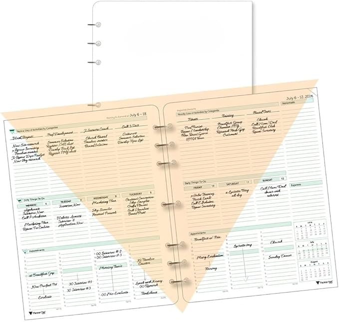 Planner Pad 7 Hole Loose Leaf July 2026 – June 2027 / Academic Year 8 1/2" x 11” 3-Tier Funnel Down 12 Month Large Size Organizer, Soft Green Ink