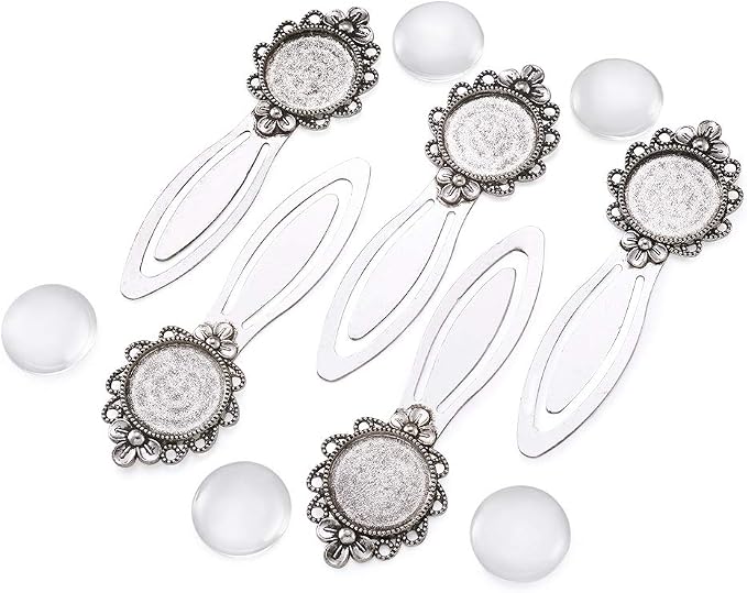 FASHEWELRY 20Pcs Antique Silver Bookmark Pendant Tray Kit Include 10Pcs 3/4 Inch Flower Round Blank Bezel Base Setting Charms with 10Pcs Clear Glass Dome Tiles Cabochons