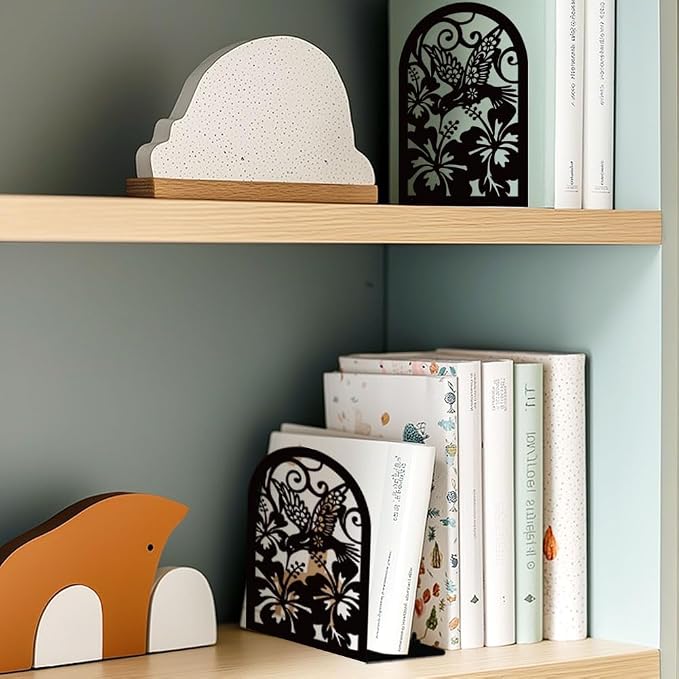 Hummingbird with Hibiscus Book Shelf Decorative Bookends for Shelves, Book Ends for Heavy Books, Metal Bookends for Desk Organizer, Office Library Decor Decorative Books for Home Decor