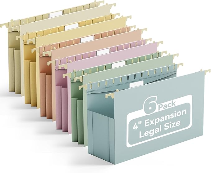 Ansook Legal Size Hanging File Folders, 6 Pack Expandable 4 Inch File Folders Legal Size, Plastic Legal Hanging File Folder Organizers for Filling Cabniet, Insertable 1/5-Cut Tabs - Assorted Colors