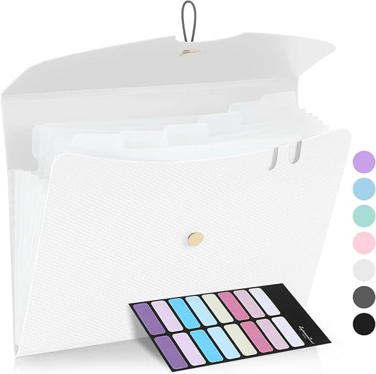 Sooez 7 Pocket Accordion File Organizer, Premium Expanding File Folder, Letter Size Folders for Documents, Sleek Filing Folders with Bungee Closure, Portable Folders for School Office Supplies, White