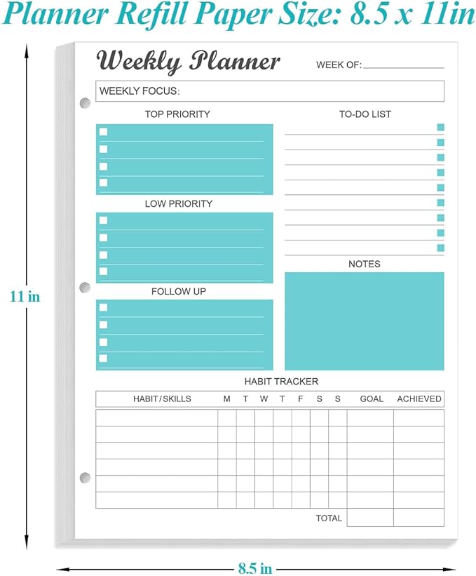 3-Hole Weekly Planner Refills - 53 Sheets/106 Pages Weekly Planner for 3 Ring Binders, 100 gsm White Paper, Lasts 1 Year, Undated, 8.5'' x 11'', Teal