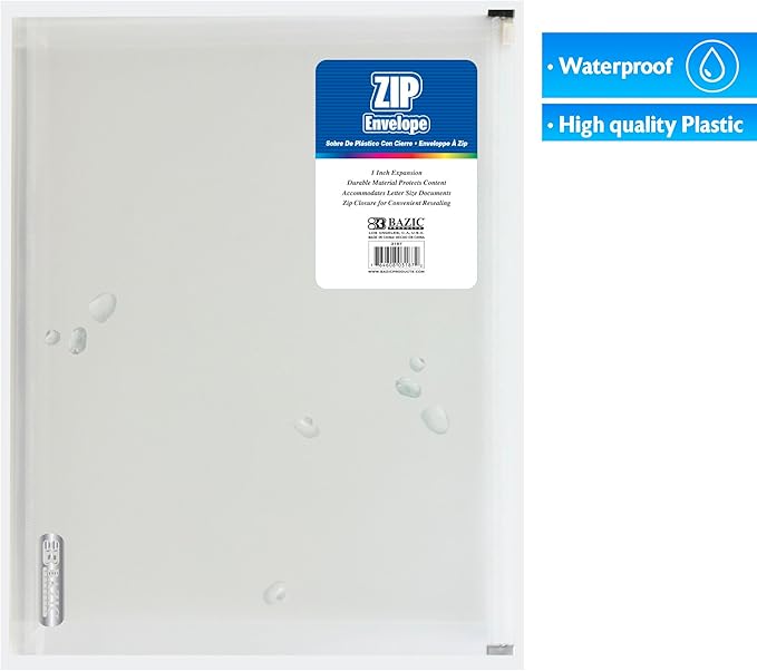 BAZIC Products Plastic Envelopes with Zipper – Durable Clear Poly Envelopes, Transparent Folder for Documents, Home, Office or School, Letter Size or A4 Folder, 24-Pack