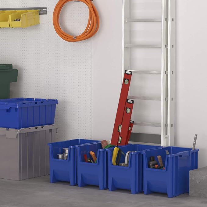 Akro-Mils 13014 Stak-N-Store Heavy Duty Stackable Open Front Plastic Storage Container Bin, (17-1/2" x 11" x 12-1/2"), Red, (4-Pack)