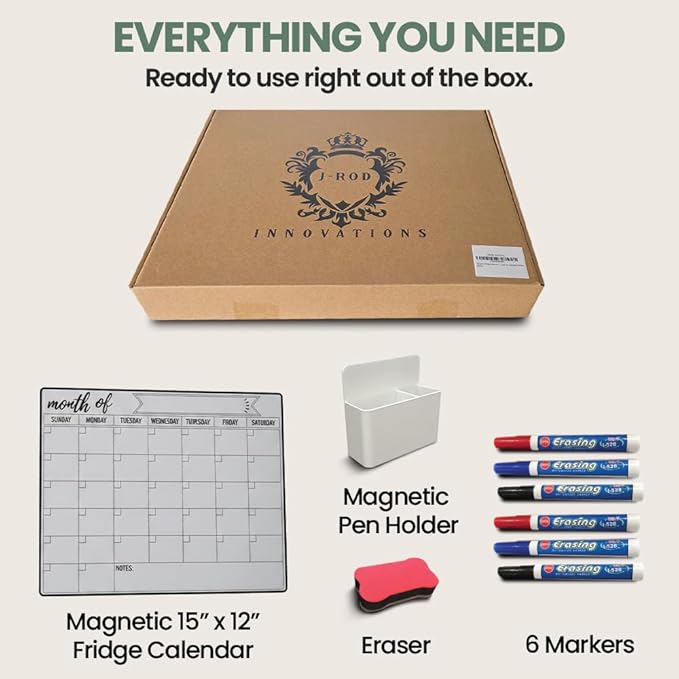 Magnetic Fridge Calendar 15” x 12” – Dry Erase Fridge Calendar with Full-Back Magnet, Monthly Refrigerator Planner Board with Magnetic Pen Holder, 6 Markers & Eraser, Reusable Kitchen Organizer